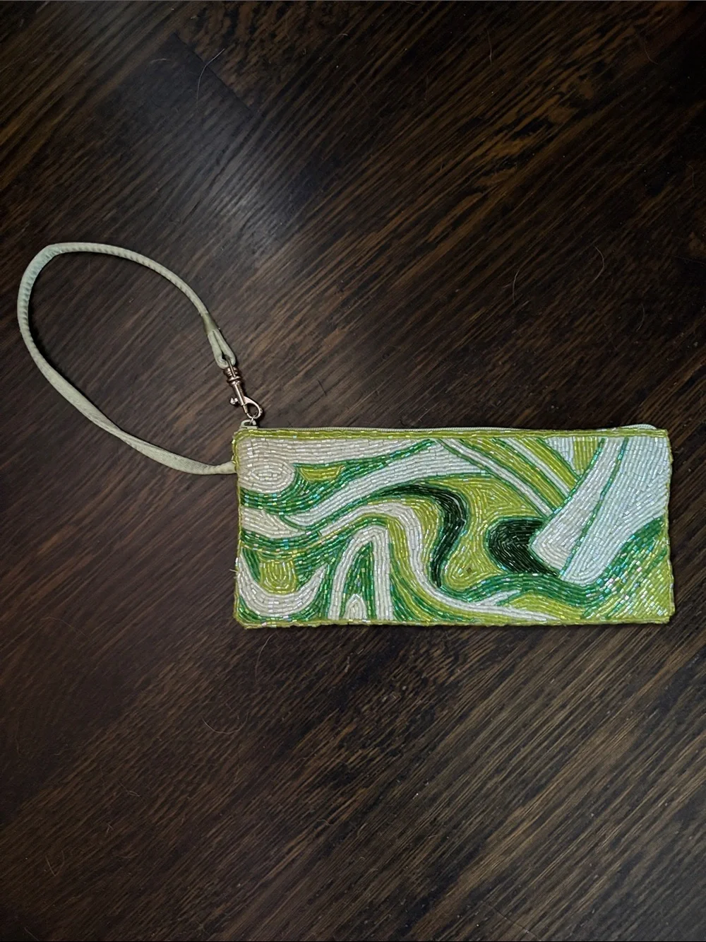Beaded Swirl Wristlet Clutch in Green and White